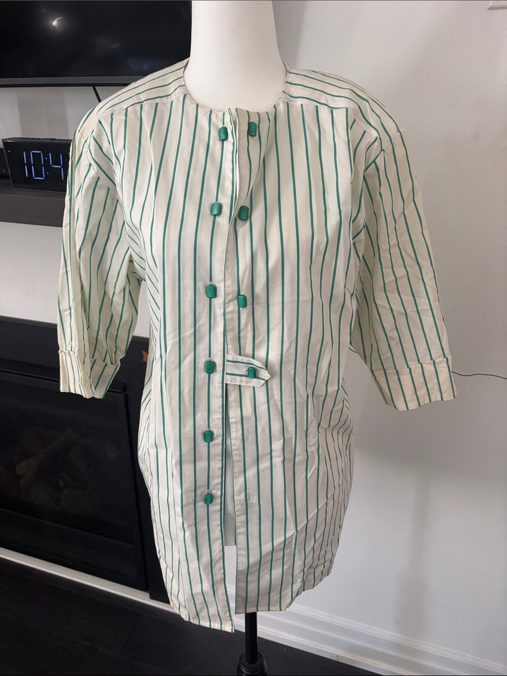 Vintage Green Stripe Button-Front Women Shirt Jacket